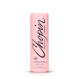 A 750ml tall pink Chopin Potato Vodka bottle, once 40% ABV and gluten-free special edition, now upcycled as an eco-friendly Recycled Chopin Potato Vodka Candle.