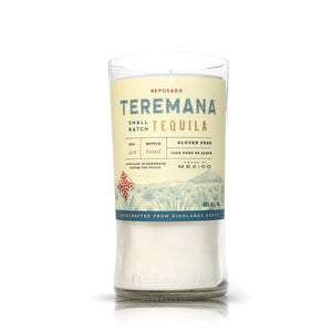 The Recycled Teremana Tequila Candle is a clear glass holder made from a repurposed tequila bottle, featuring the original blue and gold label—an ideal pick for fans of unique, eco-friendly tequila bottle candles.