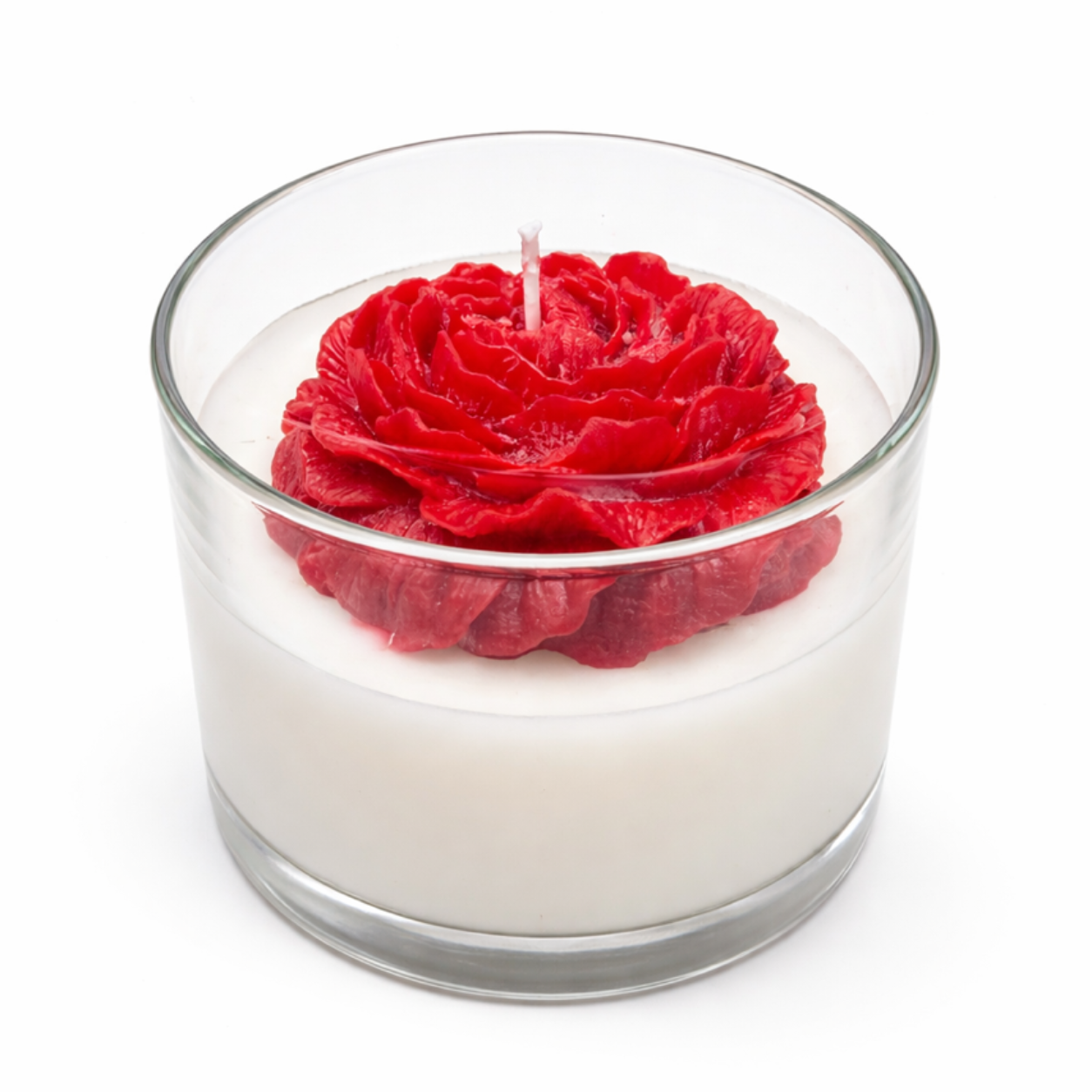 The Rose Blossom Candle is a handmade, all-natural soy candle in a glass container, featuring a white base topped with a decorative red wax rose.