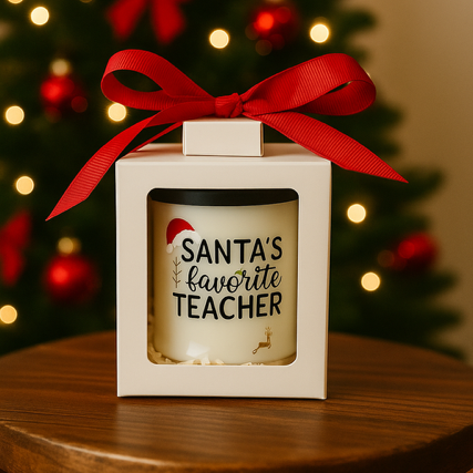 A Santa's Favorite Teacher Candle with Matches, packaged in a gift box with a red ribbon, sits on a table while a glowing Christmas tree decorates the background.