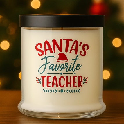 The Santa's Favorite Teacher Candle with Matches is a white, all natural wax candle in a glass jar with a black lid, labeled in festive red and green.