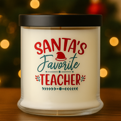 The Santa's Favorite Teacher Candle with Matches is a white, all natural wax candle in a glass jar with a black lid, labeled in festive red and green.