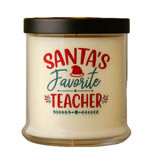 The Santa's Favorite Teacher Candle with Matches comes in a white glass jar with a black lid, features festive red and green lettering, and is made from all natural wax for a clean burn.