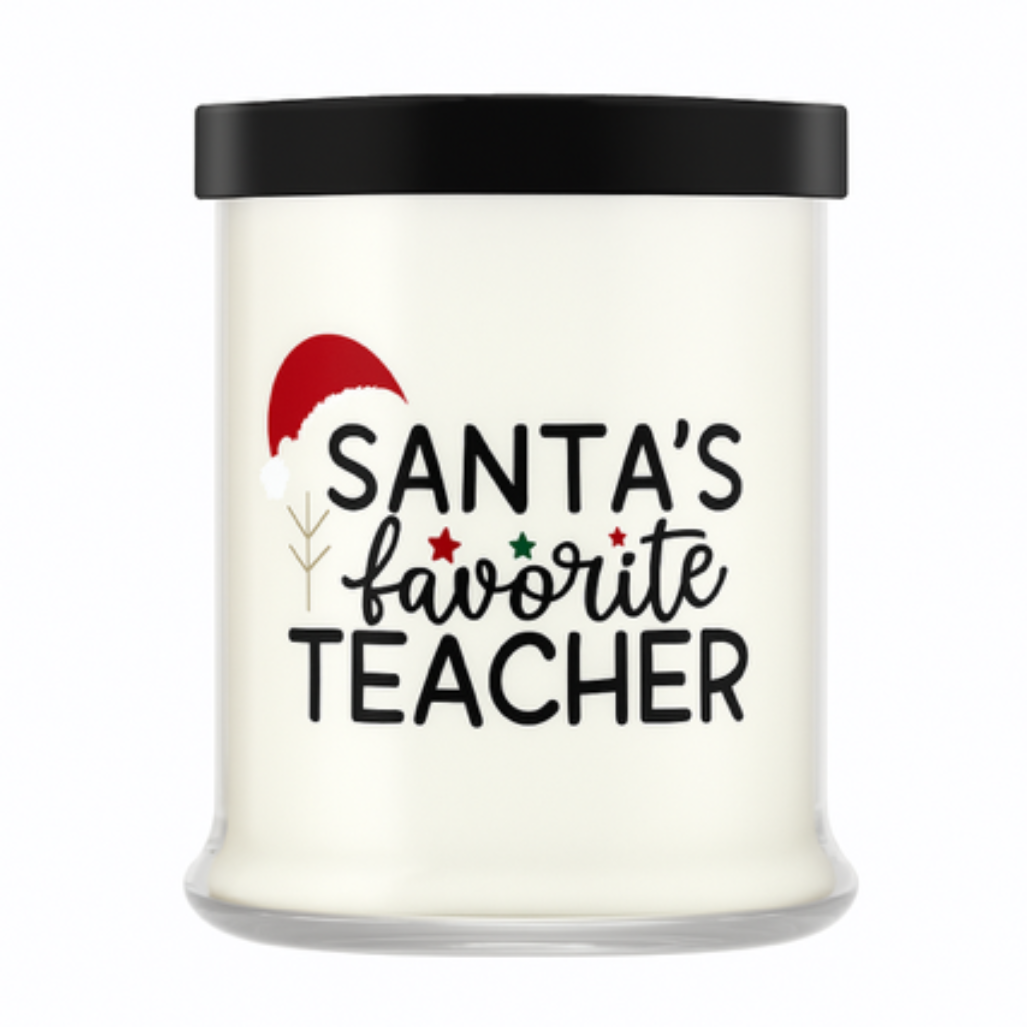 The Santa's Favorite Teacher Candle is a hand-poured natural wax candle in a glass jar with a black lid, featuring festive decor and a Santa hat on the label—perfect for adding cozy holiday charm.