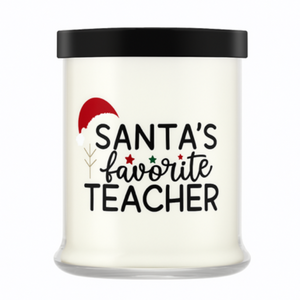 The Santa's Favorite Teacher Candle is a hand-poured natural wax candle in a glass jar with a black lid, featuring festive decor and a Santa hat on the label—perfect for adding cozy holiday charm.