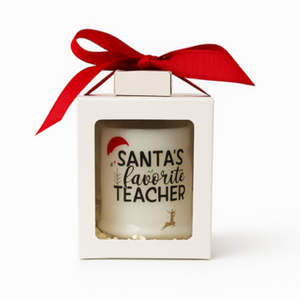 The Santa's Favorite Teacher Candle comes in a festive gift box with a red ribbon and holiday decorations. Hand poured from natural wax, it's the perfect Christmas gift to show your teacher appreciation.