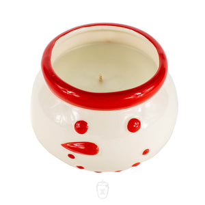 The Ceramic Snowman Holiday Candles feature a festive white holder shaped like a snowman's head, complete with red painted nose, mouth, and rim—perfect for holiday décor.