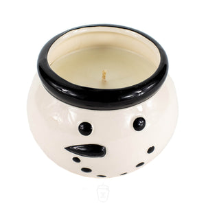 The Black Ceramic Snowman Holiday Candle features a festive snowman's face on a ceramic holder—a stylish soy candle perfect for holiday and Christmas décor.