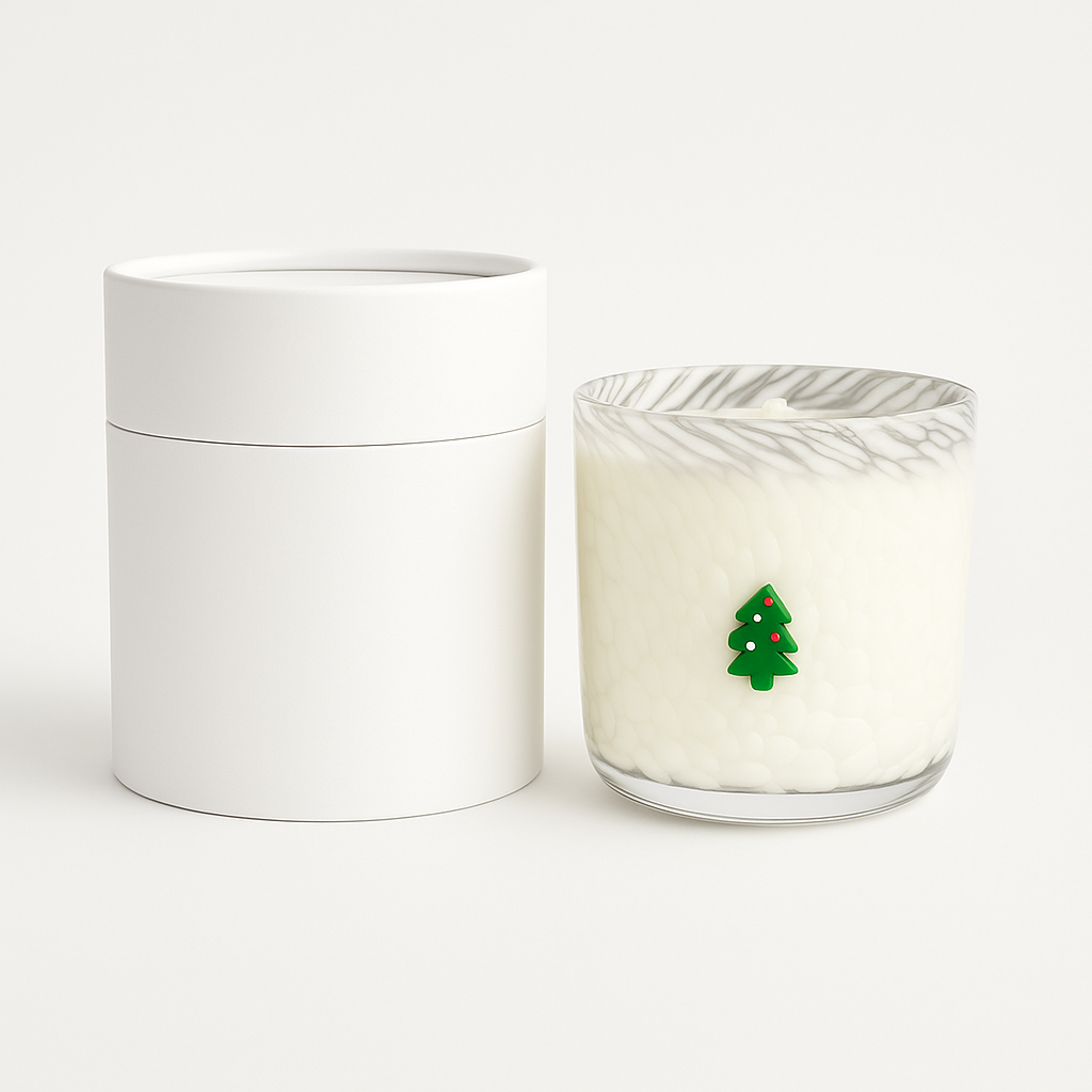The Christmas Tree Glass Candle is a hand-poured candle in a glass holder with a small green Christmas tree decoration, displayed beside a round white container.