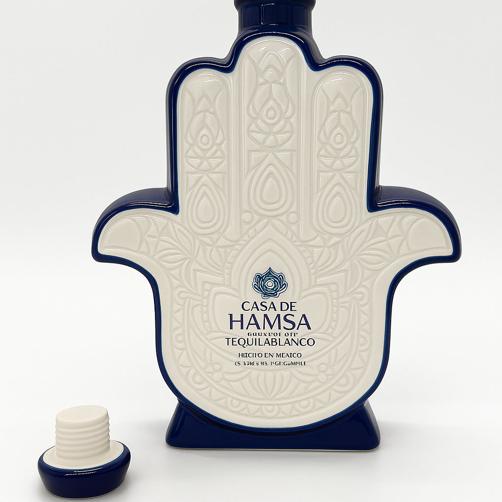 A Casa de Hamsa Blanco Tequila Candle in a Hamsa hand-shaped, patterned bottle sits beside its matching cap on a white background—ideal for display or as a standout decor piece.