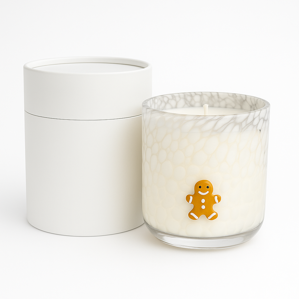 The Gingerbread Man Glass Candle, made from natural wax, features a festive gingerbread man design and comes with a white cylindrical container and matching lid—ideal for holiday décor in any room.
