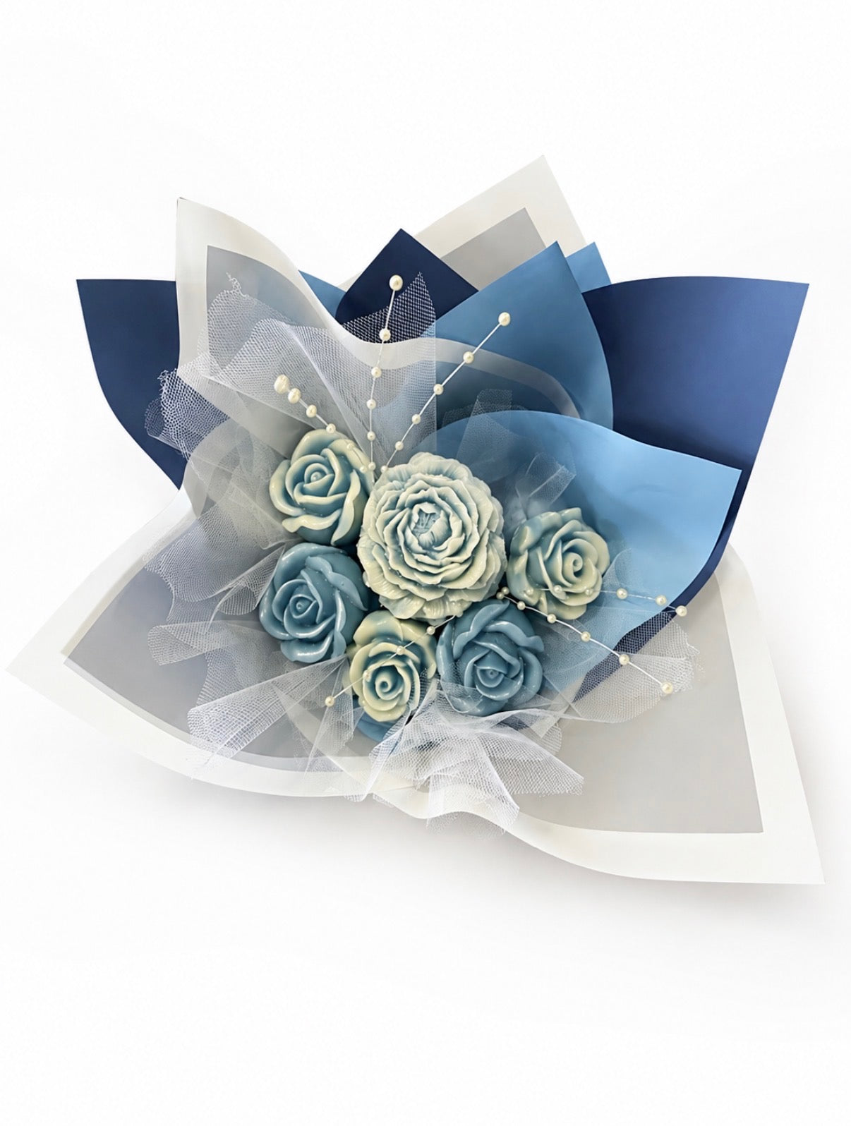 Coastal Blue Wax Melt Bouquet — rose-shaped wax melts in blue, ivory, and seafoam wrapped in tulle with pearl accents