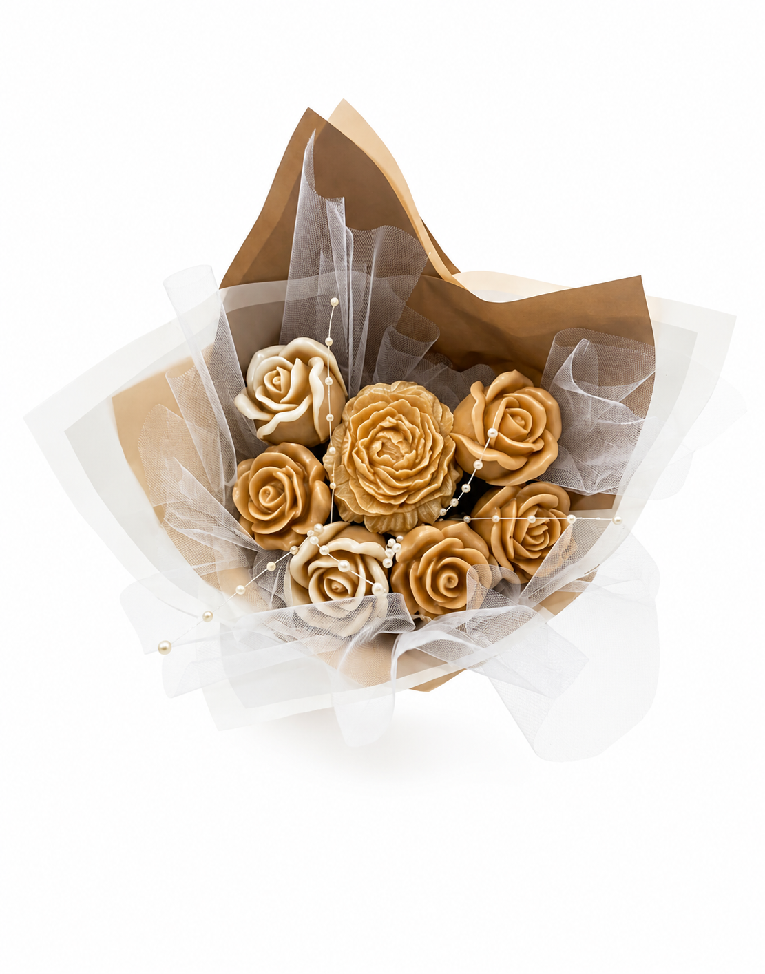 Golden Elegance Wax Melt Bouquet - gold champagne and ivory rose-shaped wax melts wrapped with tulle and pearls