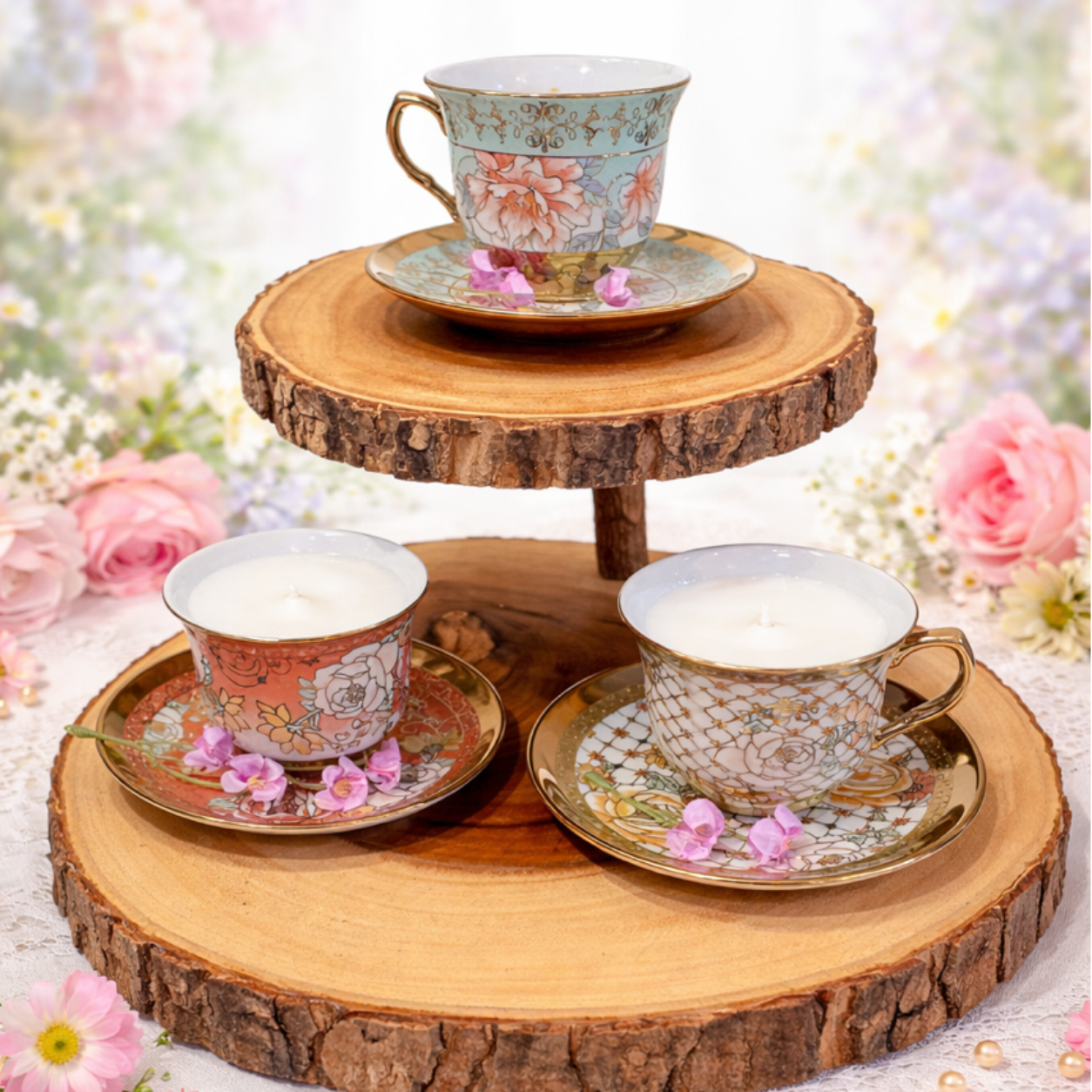 Floral Teacup Candles made with soy wax are displayed on a two-tiered wooden stand, surrounded by pink flowers and petals, creating charming vintage candle décor.