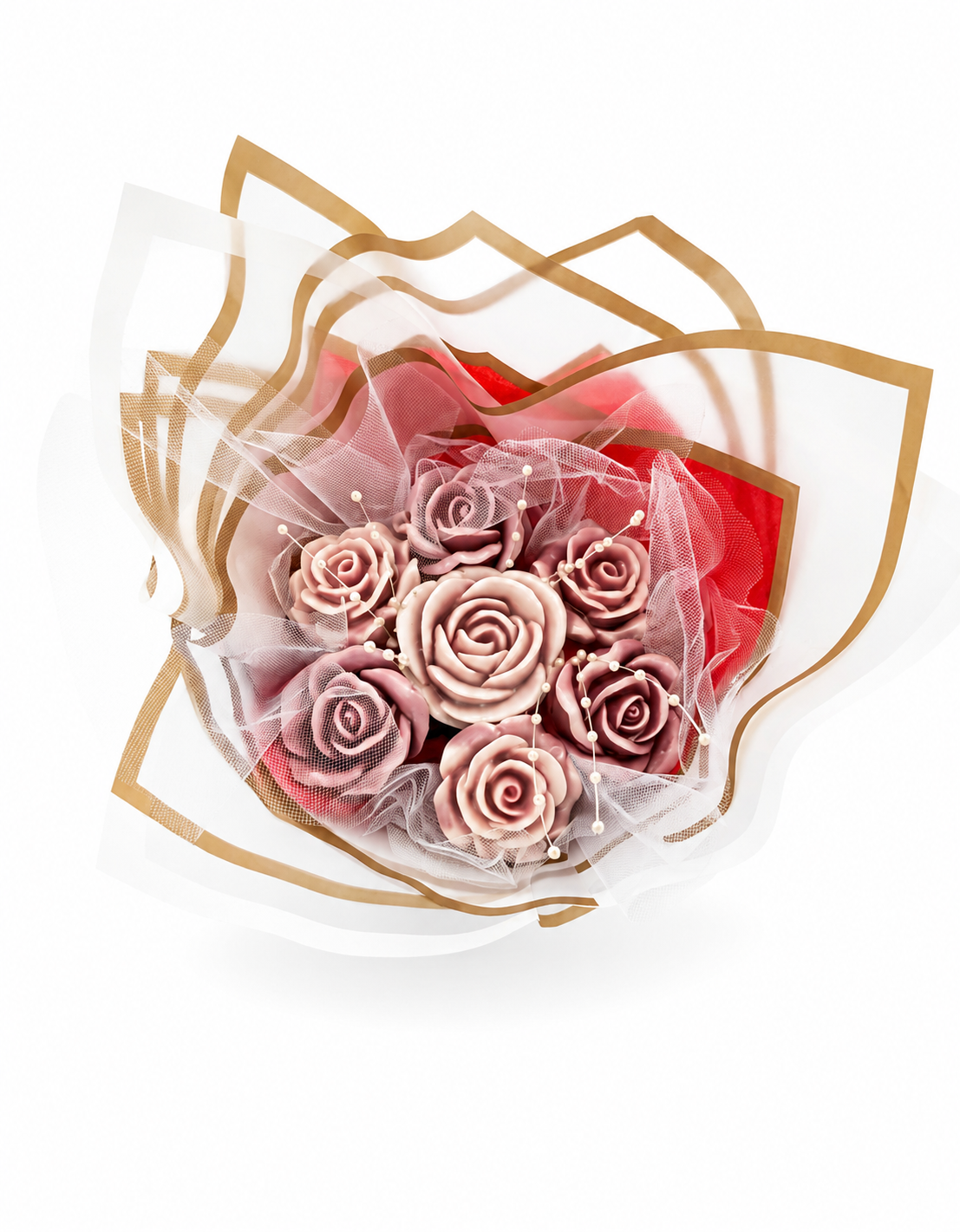 Blushing Rose Wax Melt Bouquet - blush and dusty-rose rose-shaped wax melts wrapped with tulle and gold-bordered paper with red accents and pearl details