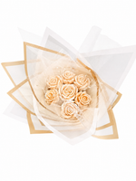 Champagne Rose Wax Melt Bouquet - champagne and ivory rose-shaped wax melts wrapped with tulle and gold-bordered paper with pearl accents