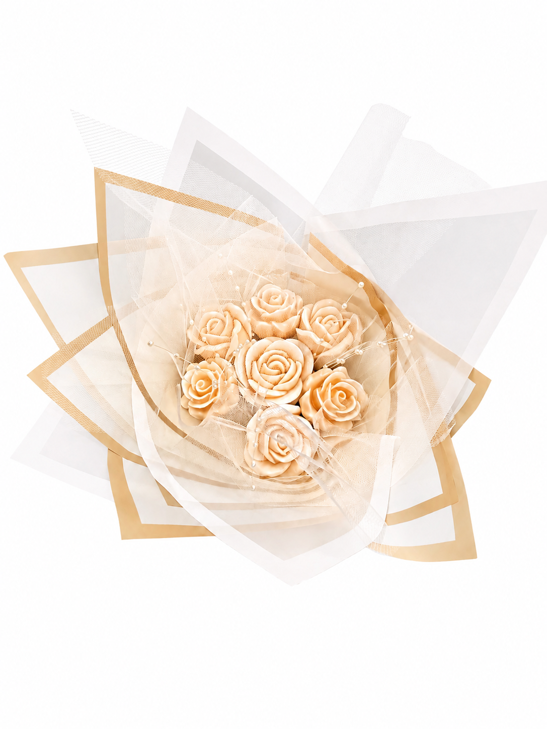 Champagne Rose Wax Melt Bouquet - champagne and ivory rose-shaped wax melts wrapped with tulle and gold-bordered paper with pearl accents