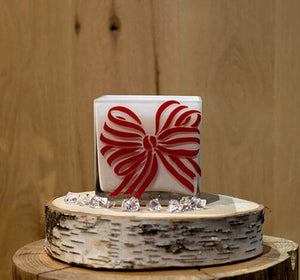 Frosted White Sq Red Bow Candle