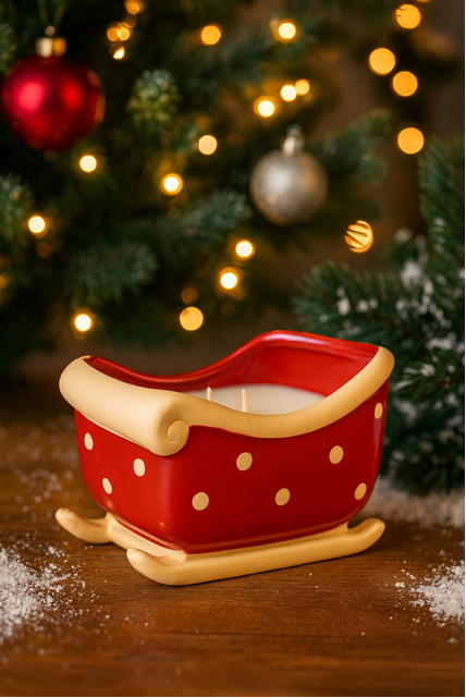 The Sleigh Candle, a red ceramic candle with gold polka dots, sits on a wooden surface. Festive decor and twinkling lights in the background enhance its warm holiday glow, making it a charming addition to your Christmas setting.