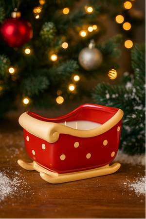 The Sleigh Candle, a red ceramic candle with gold polka dots, sits on a wooden surface. Festive decor and twinkling lights in the background enhance its warm holiday glow, making it a charming addition to your Christmas setting.