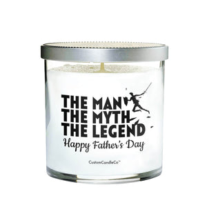 Celebrate Father's Day with "The Man, The Myth, The Legend" custom candle in a clear glass jar with silver lid, featuring a label and silhouette of a man holding a sledgehammer. Perfect gift for Dad!.