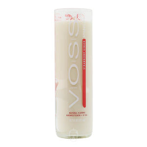A recycled Voss glass bottle labeled "Strawberry Ginger" holds a milky drink with ice, echoing the fresh vibe of the Recycled Voss Strawberry Sparkling Water Candle—ideal for fans of natural scents and cruelty-free candles.