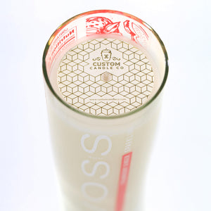 Top view of the Recycled Voss Strawberry Sparkling Water Candle—hand-poured soy in a glass holder with a geometric "Custom Candle Co" logo, website at the base, and a cruelty-free design that adds elegance to any room.