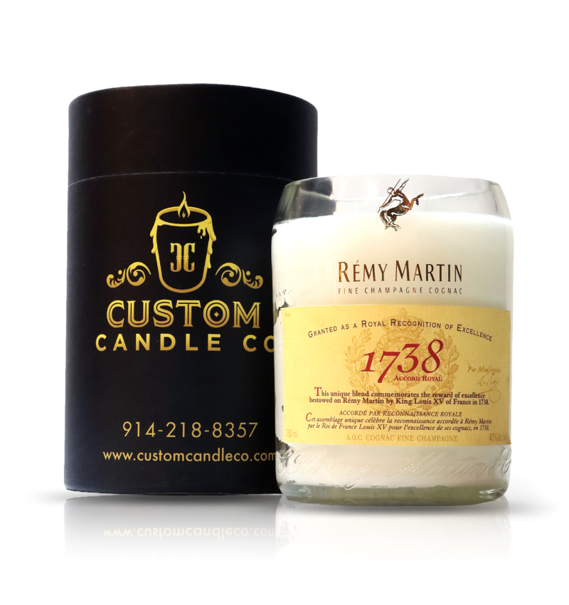 A candle with the name Recycled Remy Martin 1738 Accord Royal Cognac Candle.