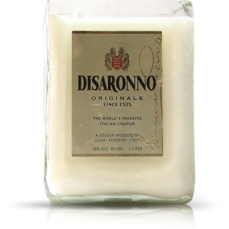 A Recycled Disaronno Liqueur Candle with the word disaronno on it.