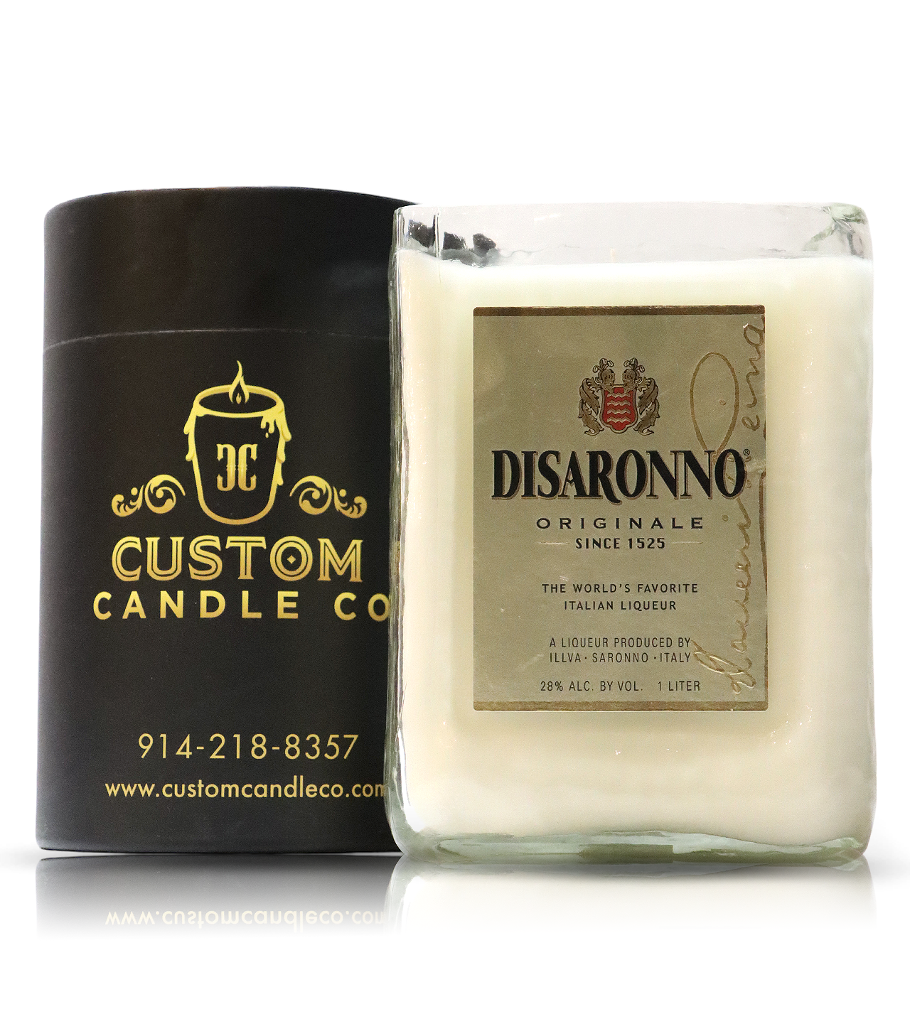 A candle with a label that says Recycled Disaronno Liqueur Candle.