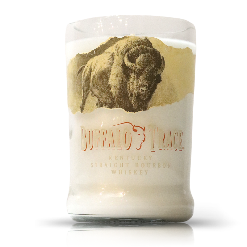 A Recycled Buffalo Trace Whiskey Candle with a bison on it.