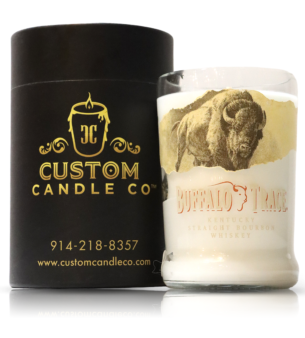 A Recycled Buffalo Trace Whiskey Candle with an image of a bison next to it.
