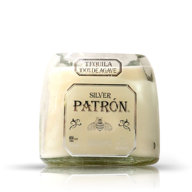 A Recycled Patron Silver Tequila Candle with the word paton on it.