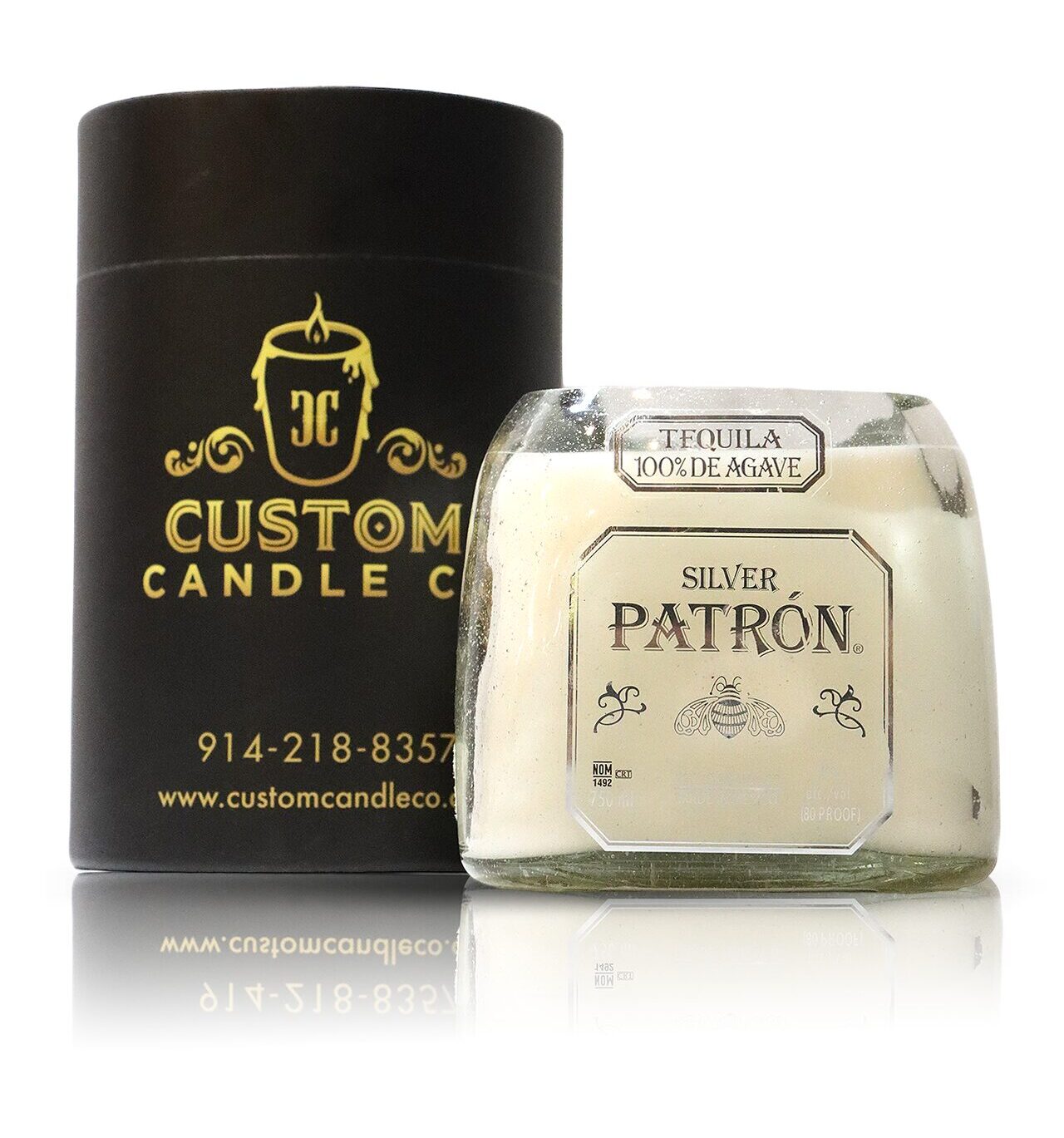 A Recycled Patron Silver Tequila Candle with the name patronon next to it.