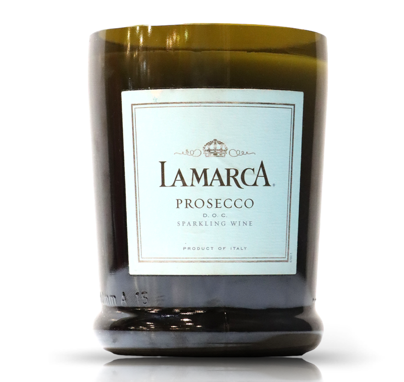 A Recycled LaMarca Wine Candle adorned with the LaMarca prosecco label.