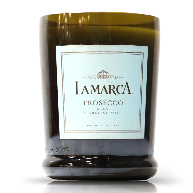 A Recycled LaMarca Wine Candle adorned with the LaMarca prosecco label.