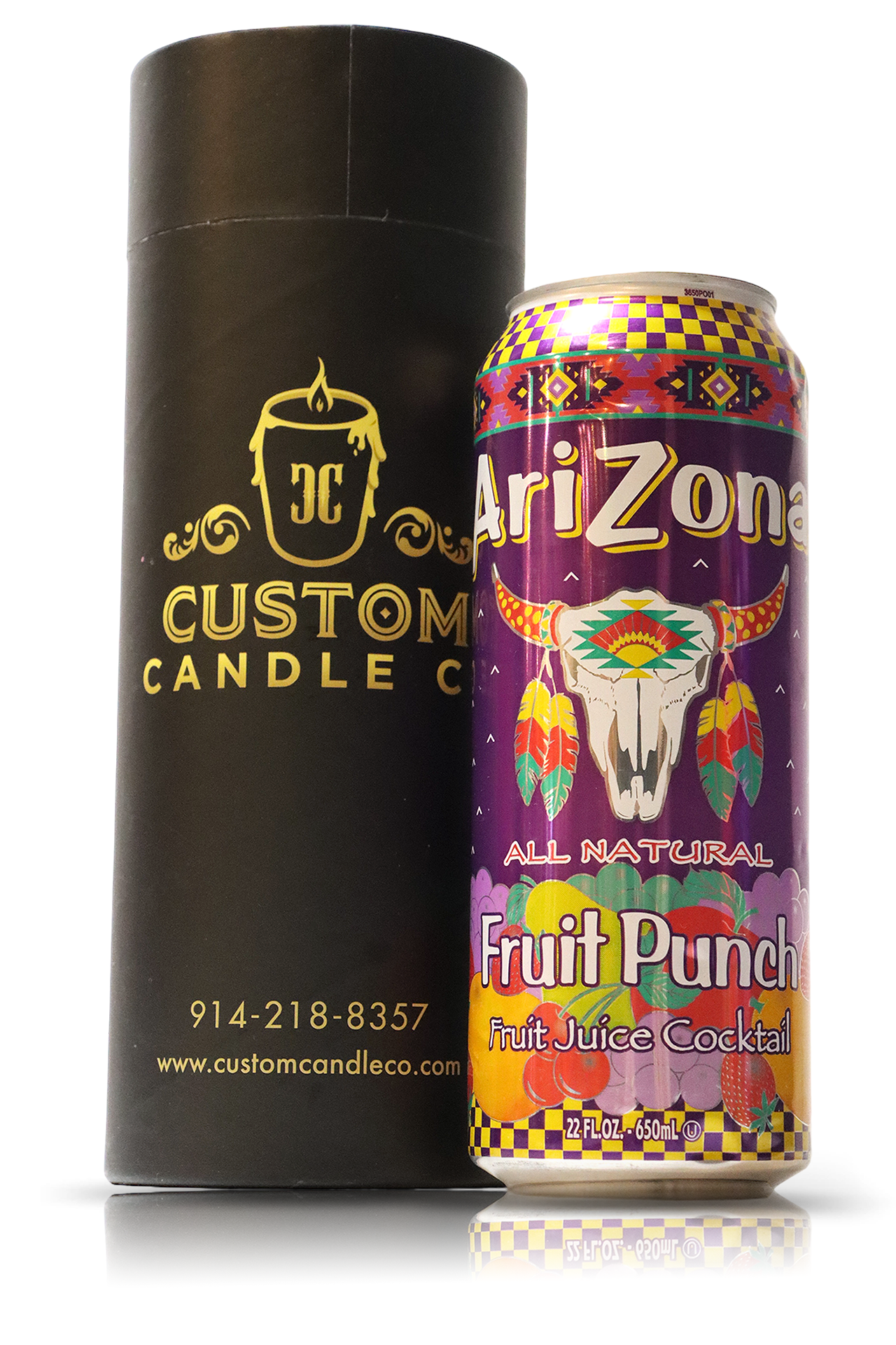 A Recycled Arizona Iced Tea Punch Candle next to a black box.