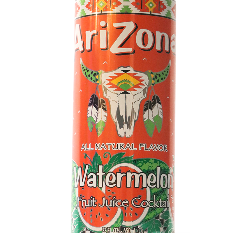 An Recycled Arizona Iced Tea Watermelon Candle can on a white background.