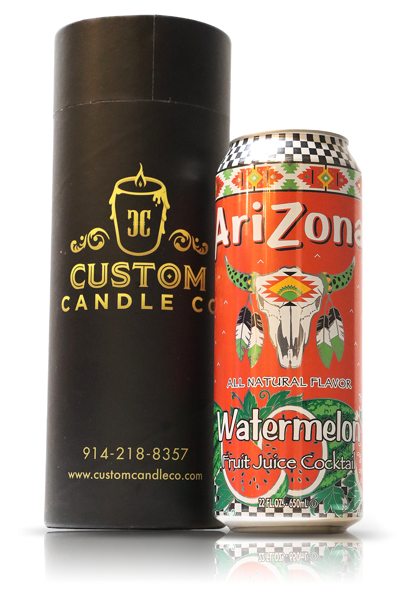 An Arizona Iced Tea Watermelon Candle can with a refreshing watermelon and orange soda blend.