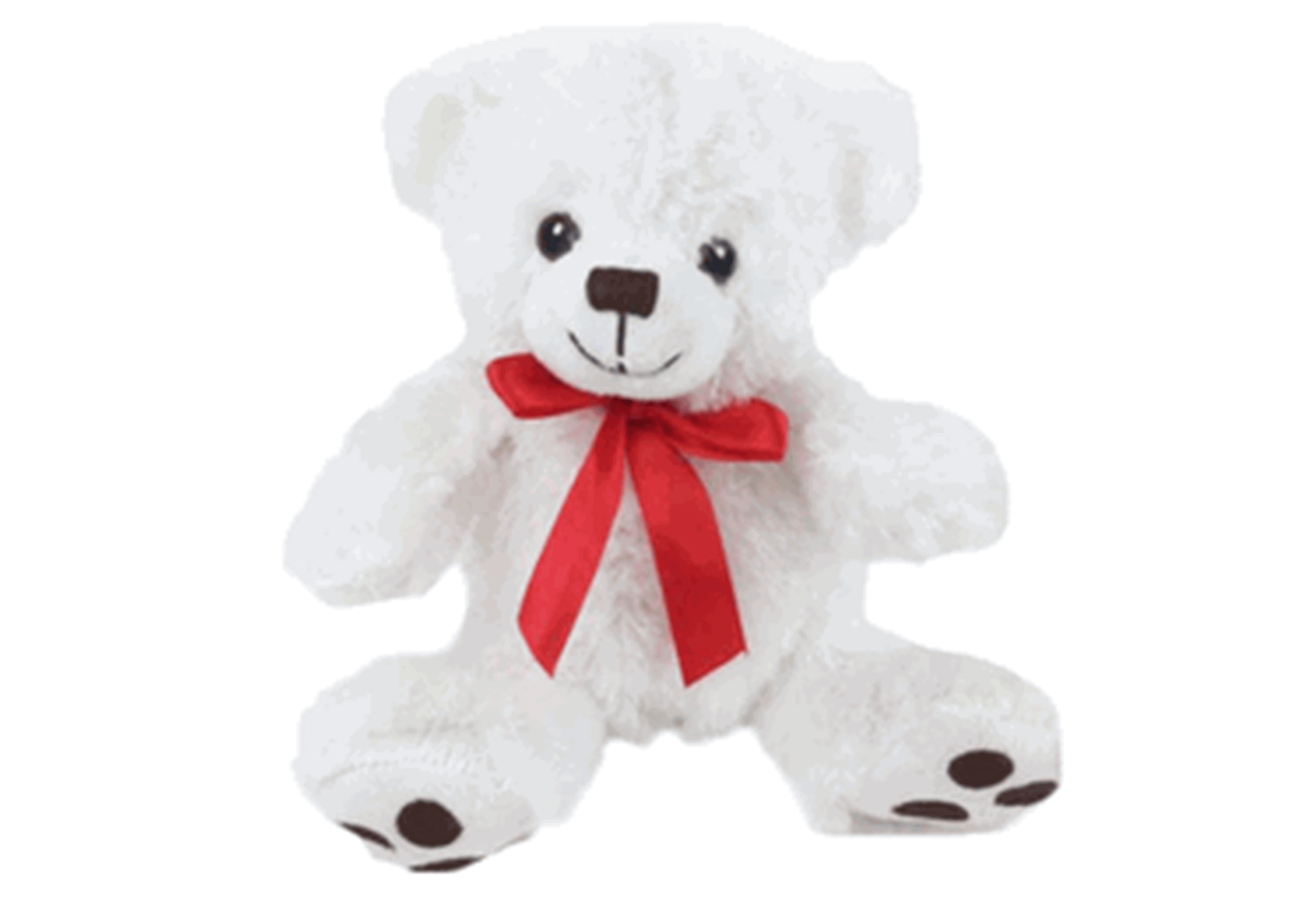 white teddy bear with red bow