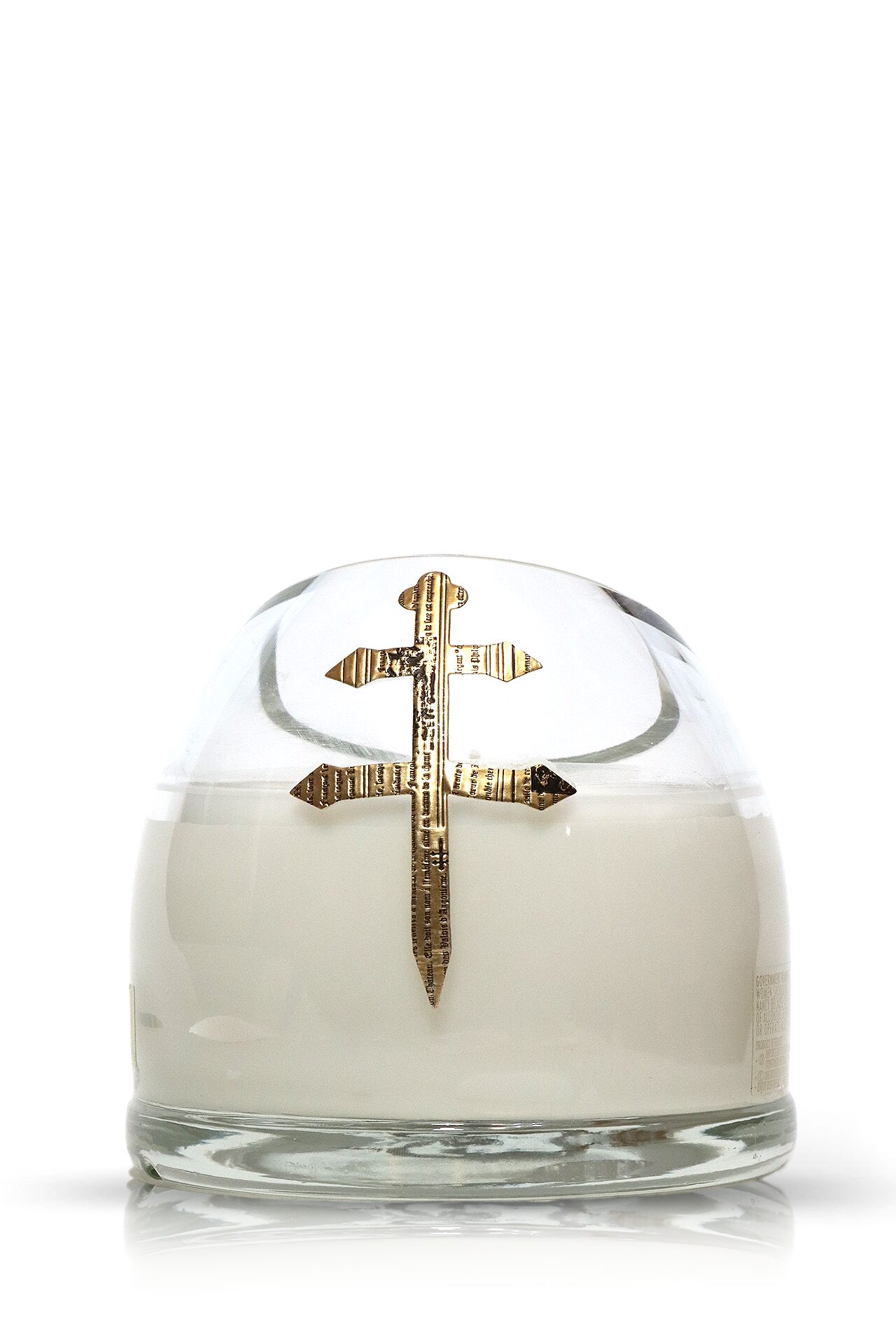 A Recycled D'usse VSOP Cognac Candle with a gold cross on it.