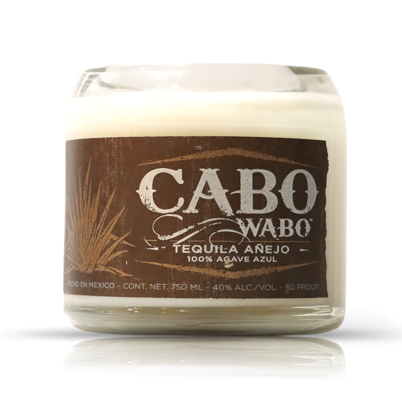 A Recycled Cabo Wabo Anejo Tequila Candle with the word cabo on it.