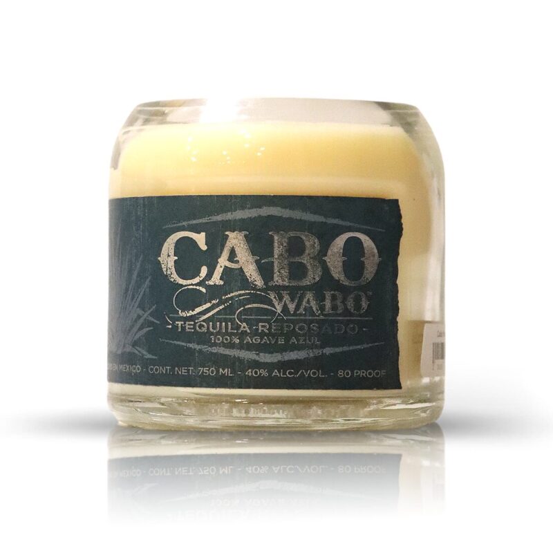 A jar with the product name Recycled Cabo Wabo Reposado Tequila on it.