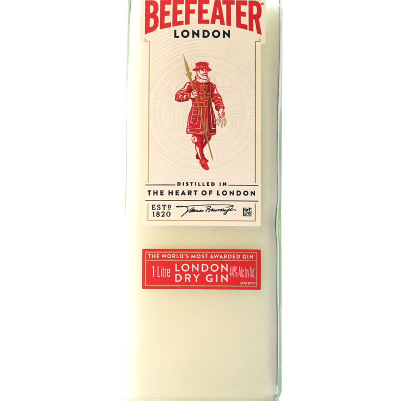A bottle of Recycled Beefeater London Dry Gin Best Seller Gin Candle on a white background.