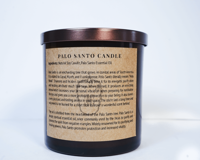 Palo Santo candle back with written instructions