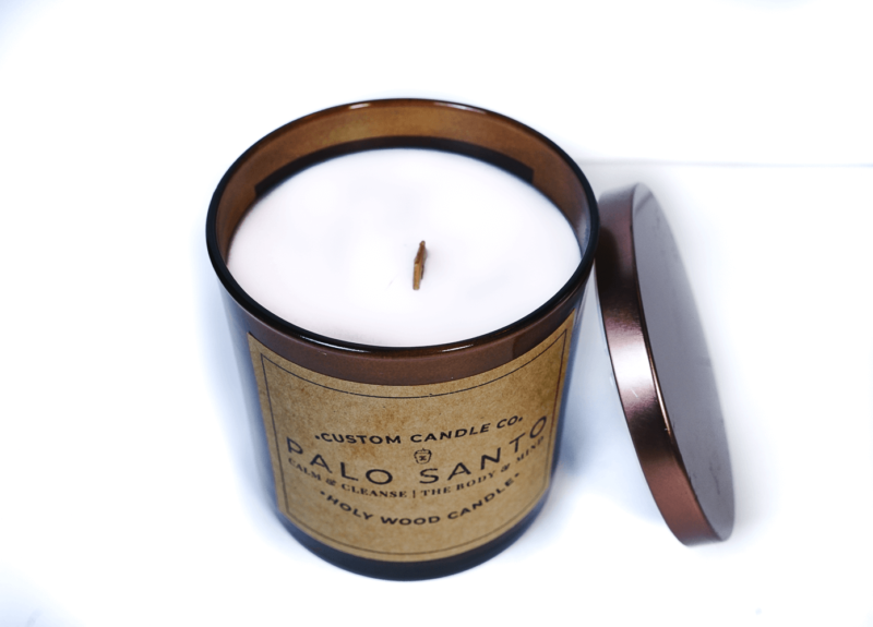 Palo Santo candle with lid on right side (top view)