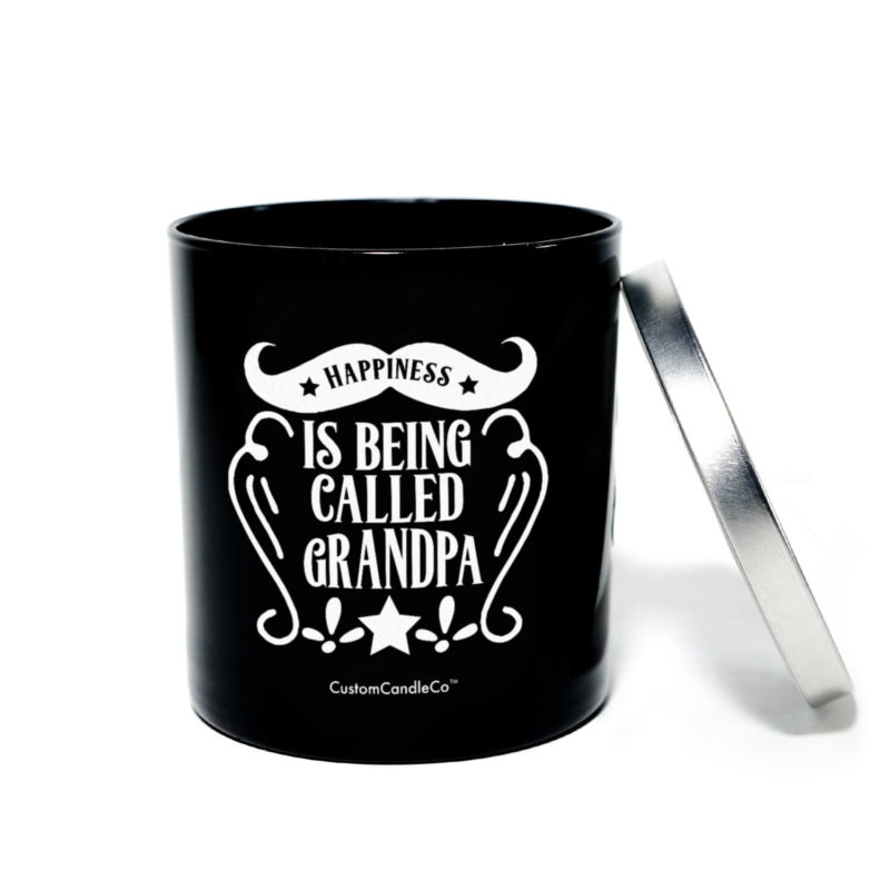 Black tumbler with silver top with a quote that says Happiness is being called Grandpa