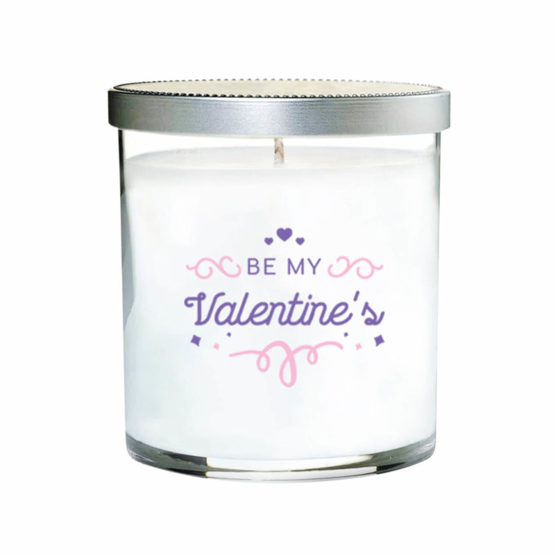 clear tumbler candle that says "Be My Valentine"