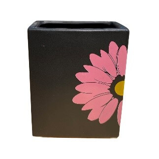 Rectangular Black Pot with Pink Flower Design