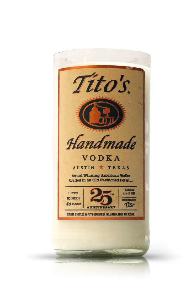 Recycled Tito's handmade vodka & tequila flat cut candle.
Product Name: Recycled Flat Cut Vodka Empty Bottle - Titos 
Revised Sentence: Recycled Flat Cut Vodka Empty Bottle - Titos handmade vodka & tequila candle.